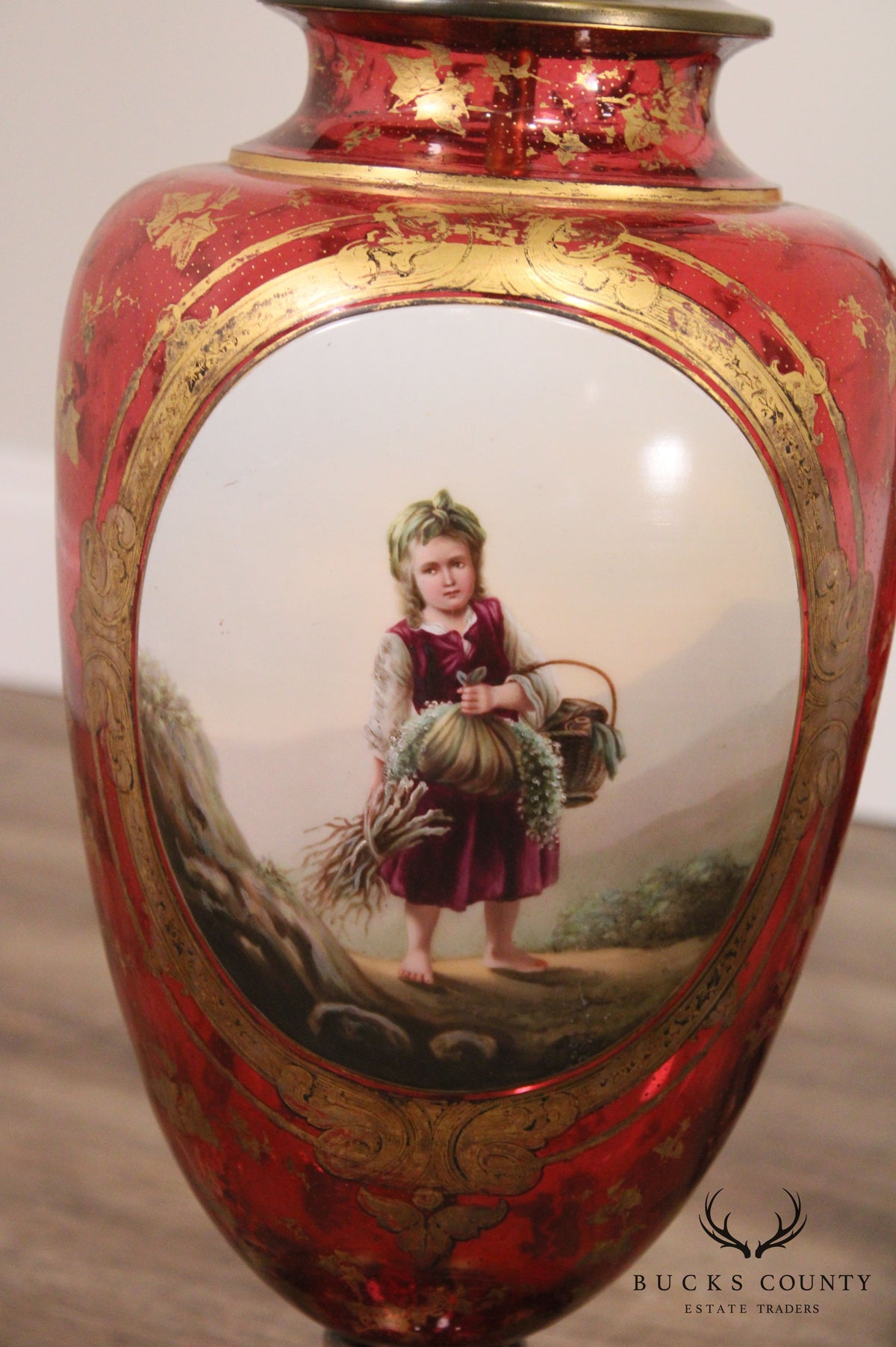 Pair Large Bohemian Red Glass Vase Lamps Overlaid with Gilt Ivy and Decoration
