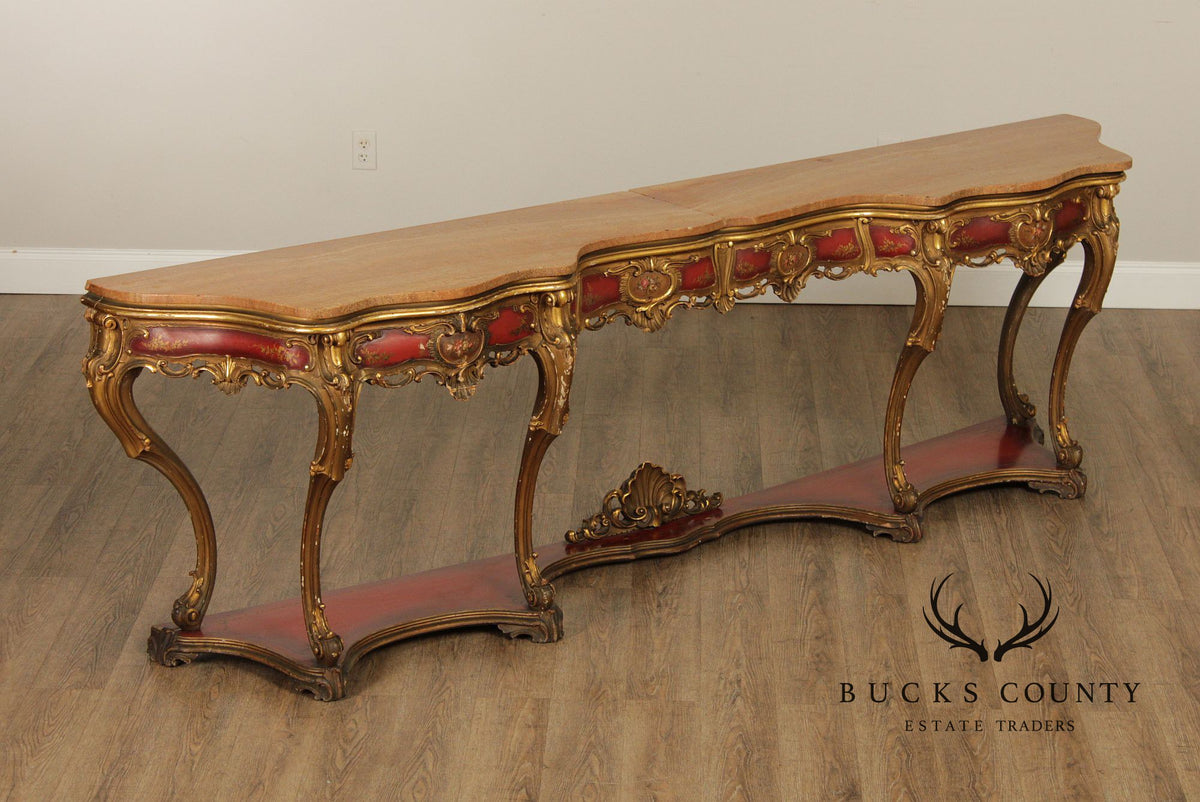 Italian Rococo Style Long Marble Top Console Table