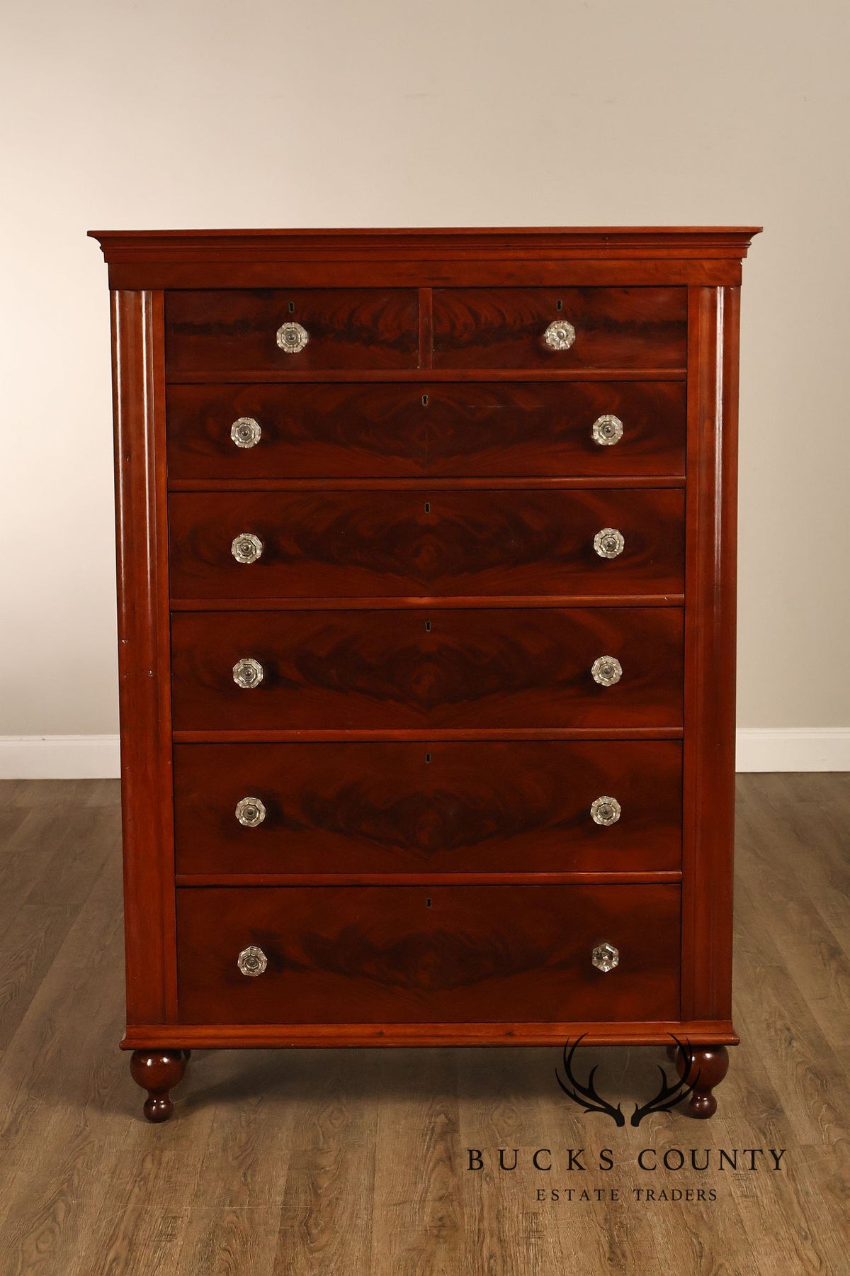 Antique American Classical Mahogany Tall Chest Of Drawers With Glass Knobs