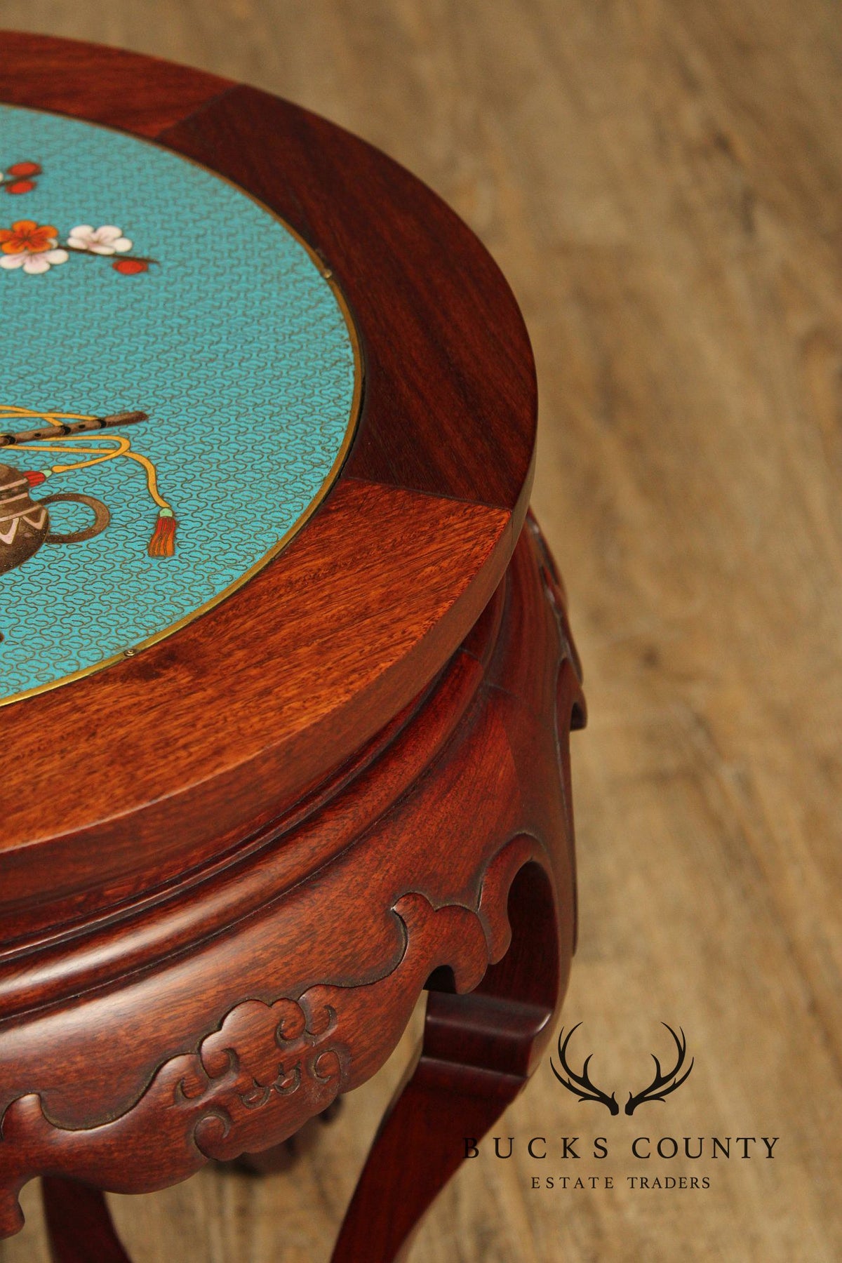 Pair of Chinese Style Cloisonné Inset Top Hardwood Accent Tables