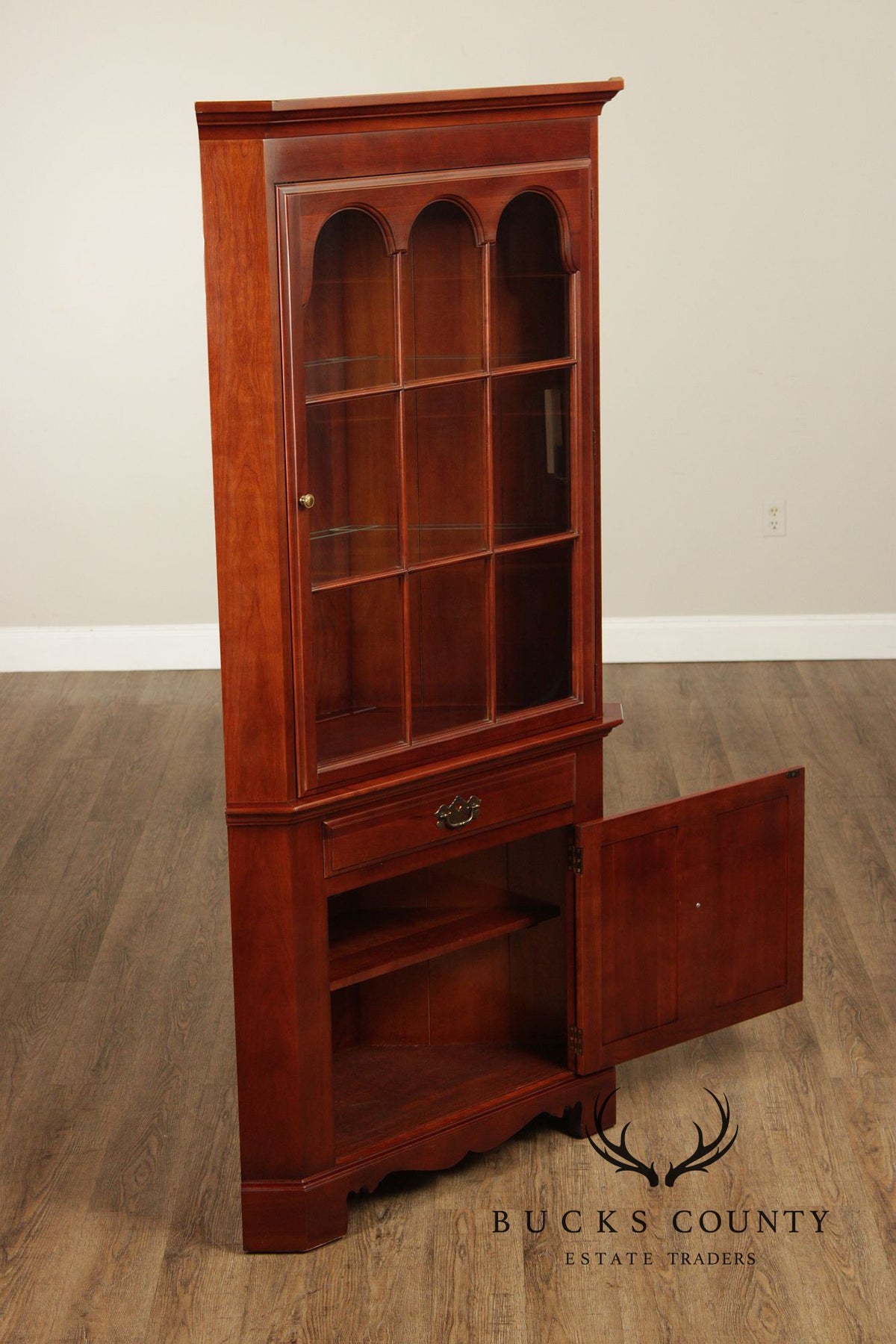 J.B. Van Sciver Traditional Pair Of Cherry Lighted Corner Cabinets