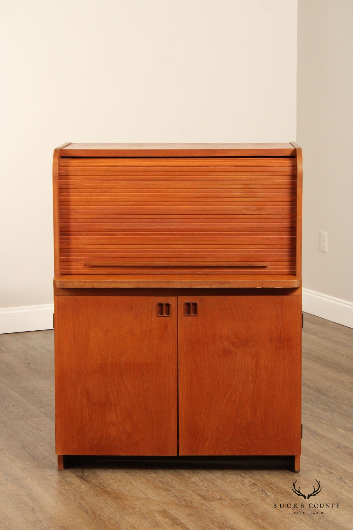 Danish Modern Vintage Teak Roll Top Bar Cabinet or Secretary Desk