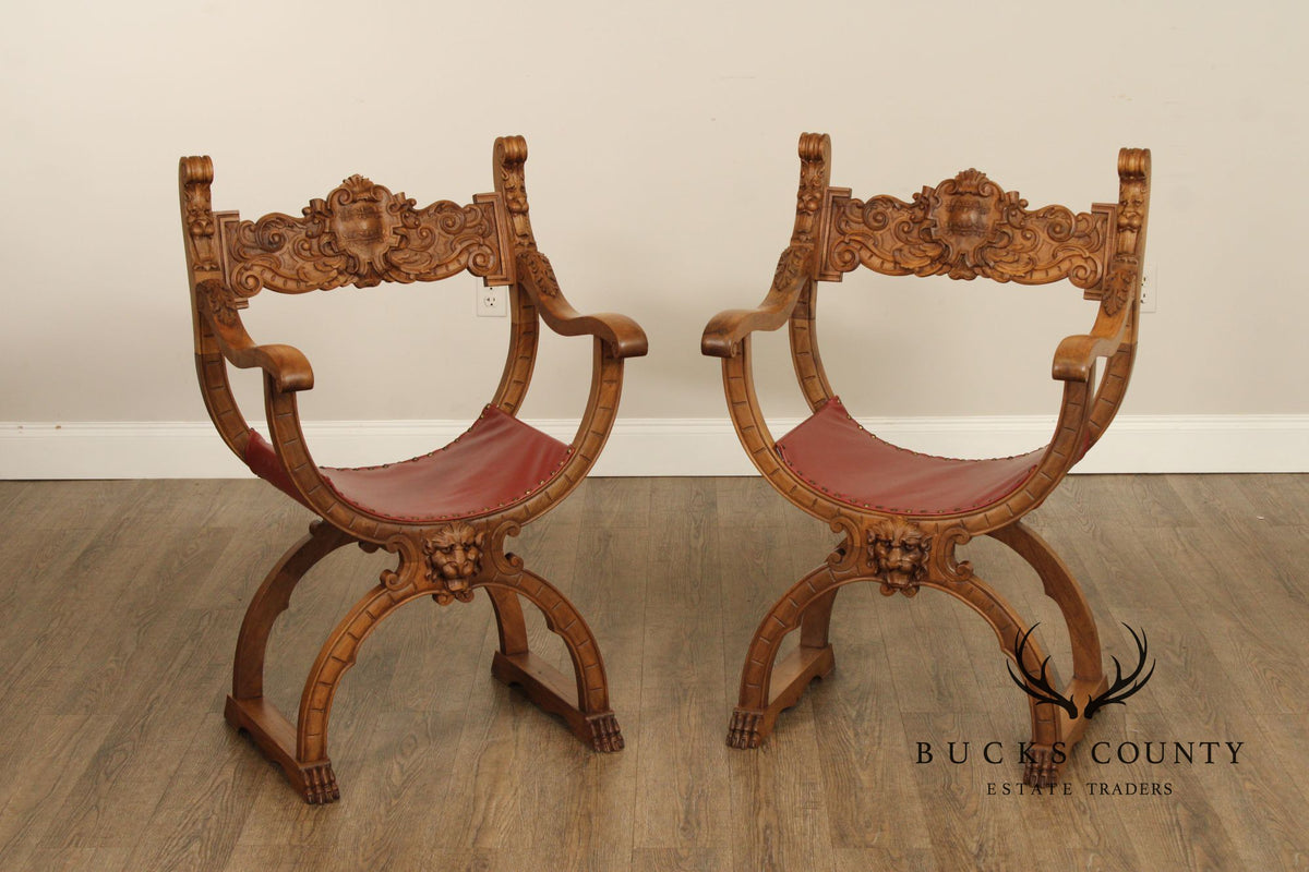 Antique Renaissance Revival Pair of Carved Walnut Savanarola Chairs