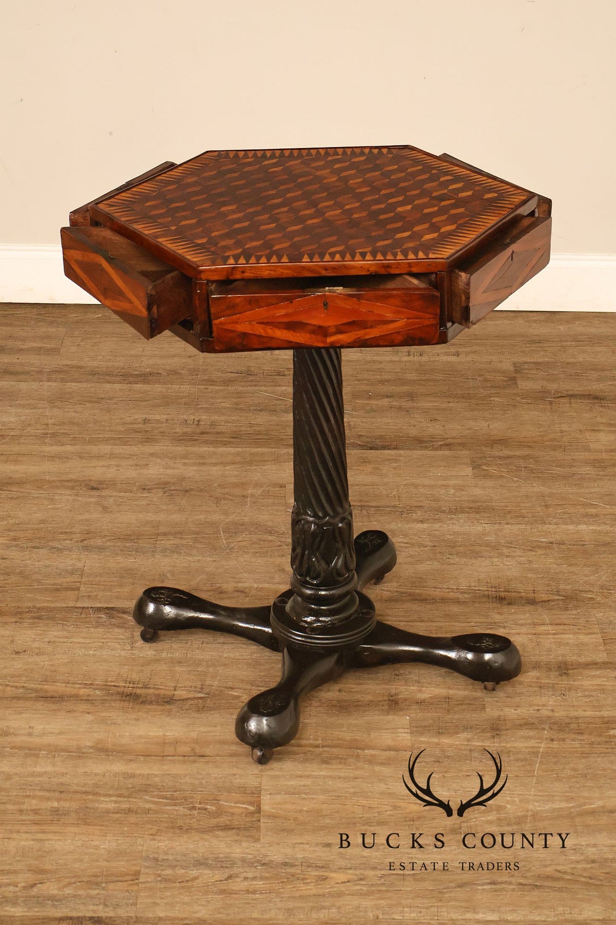 Antique British Colonial Game Table Geometric Wood Inlay