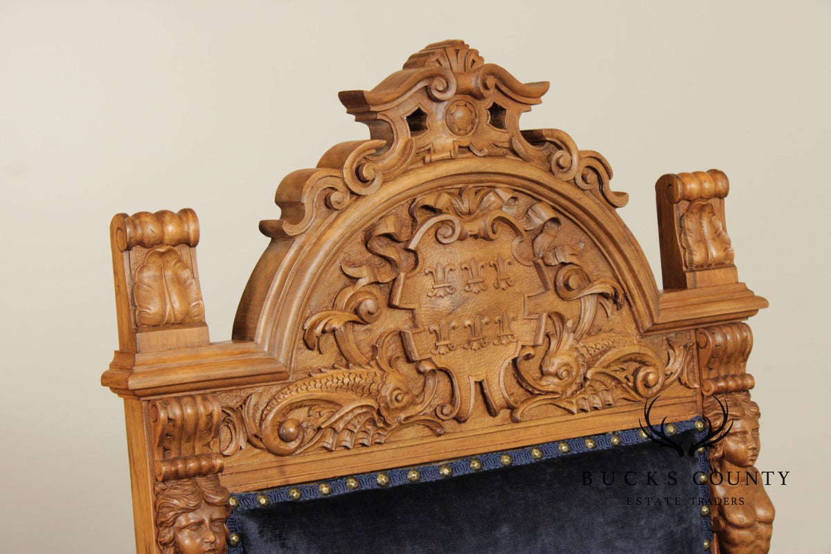 Antique Carved Walnut Renaissance Revival Style Throne Armchair