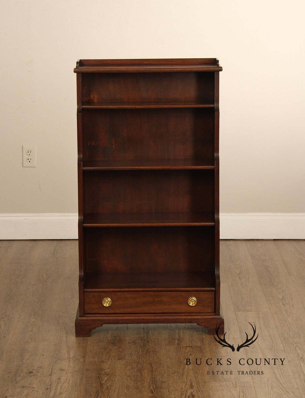 Vintage Georgian Style Narrow Mahogany Waterfall Open Bookcase With Drawer