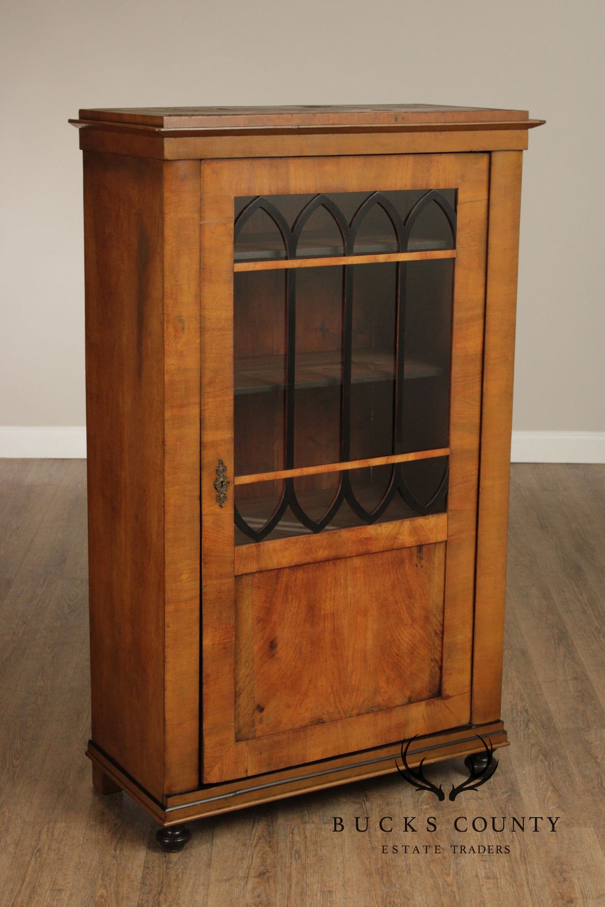 Antique Biedermeier Glass Door Walnut Bookcase