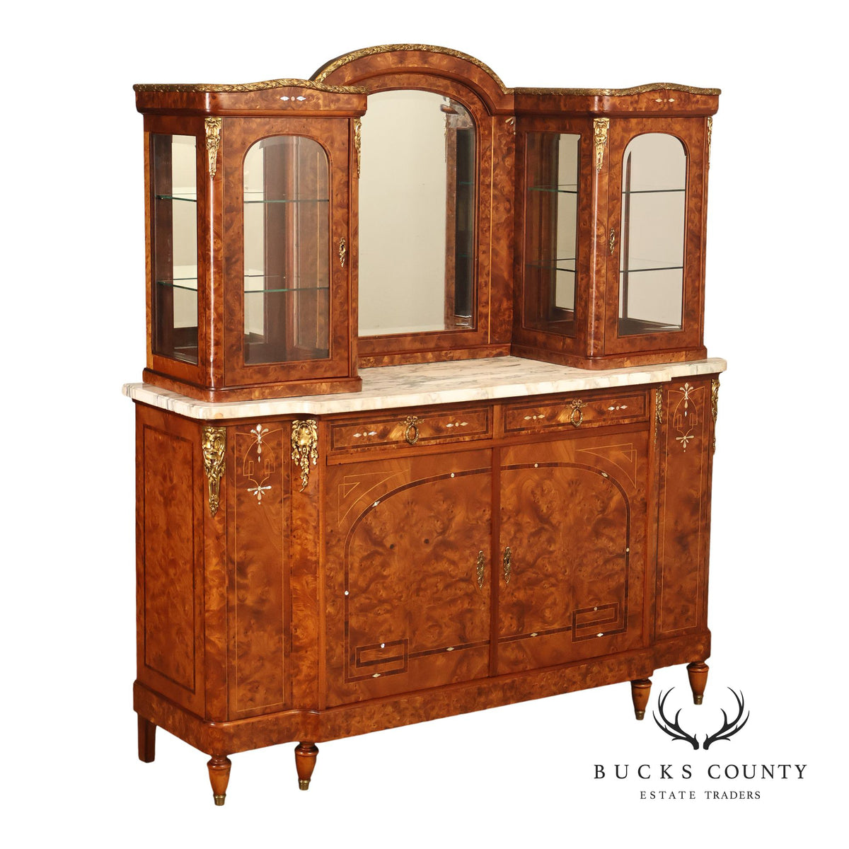French Belle Époque Art Nouveau Burled Walnut Marble Top Sideboard With Display Cabinets