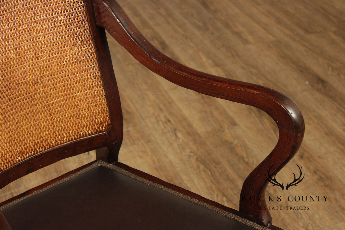 Vintage Anglo-Indian Style Pair of Caned Back Leather Seat Armchairs