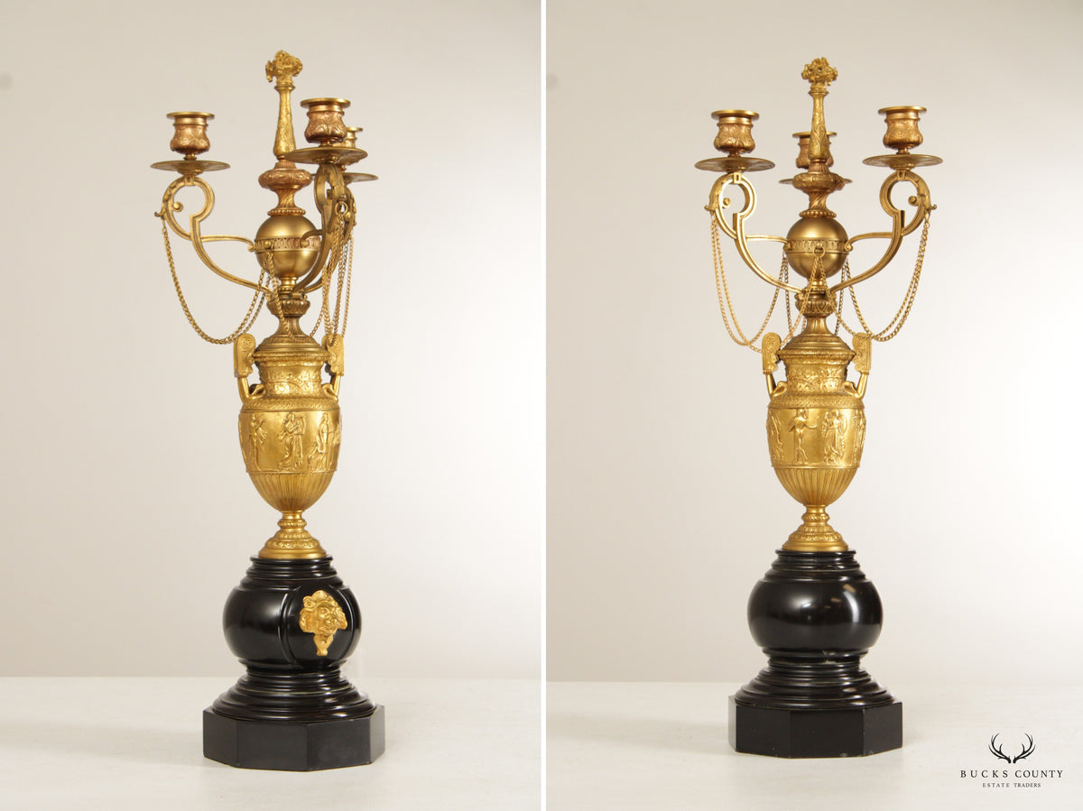 Neoclassical Style Pair of Gilt Bronze Marble Candelabra