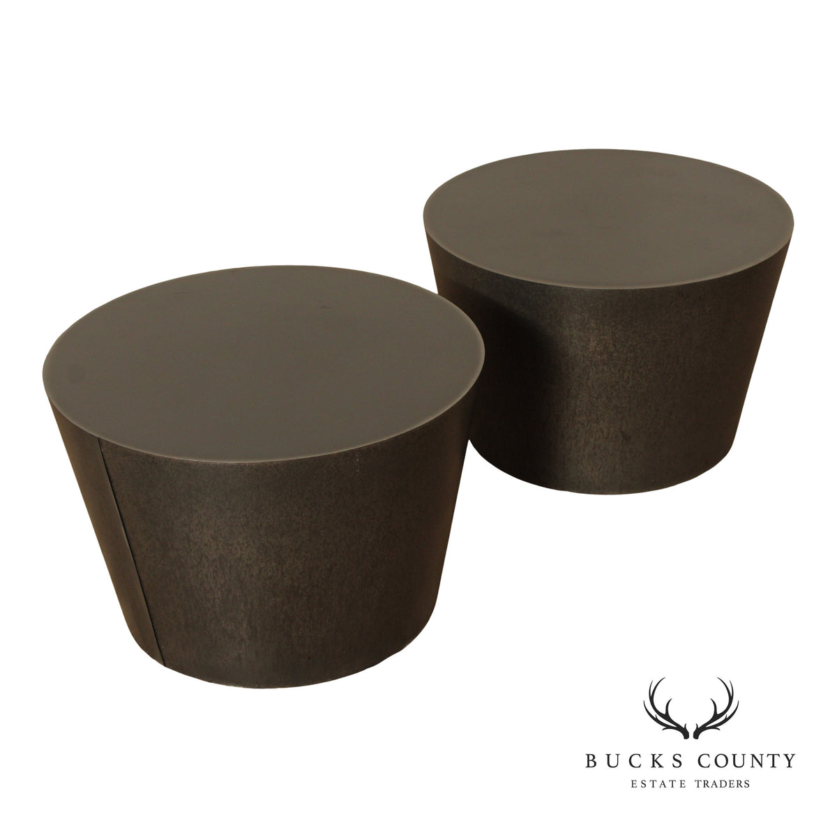 Modern Pair of Patinated Steel Round Drum Side Tables