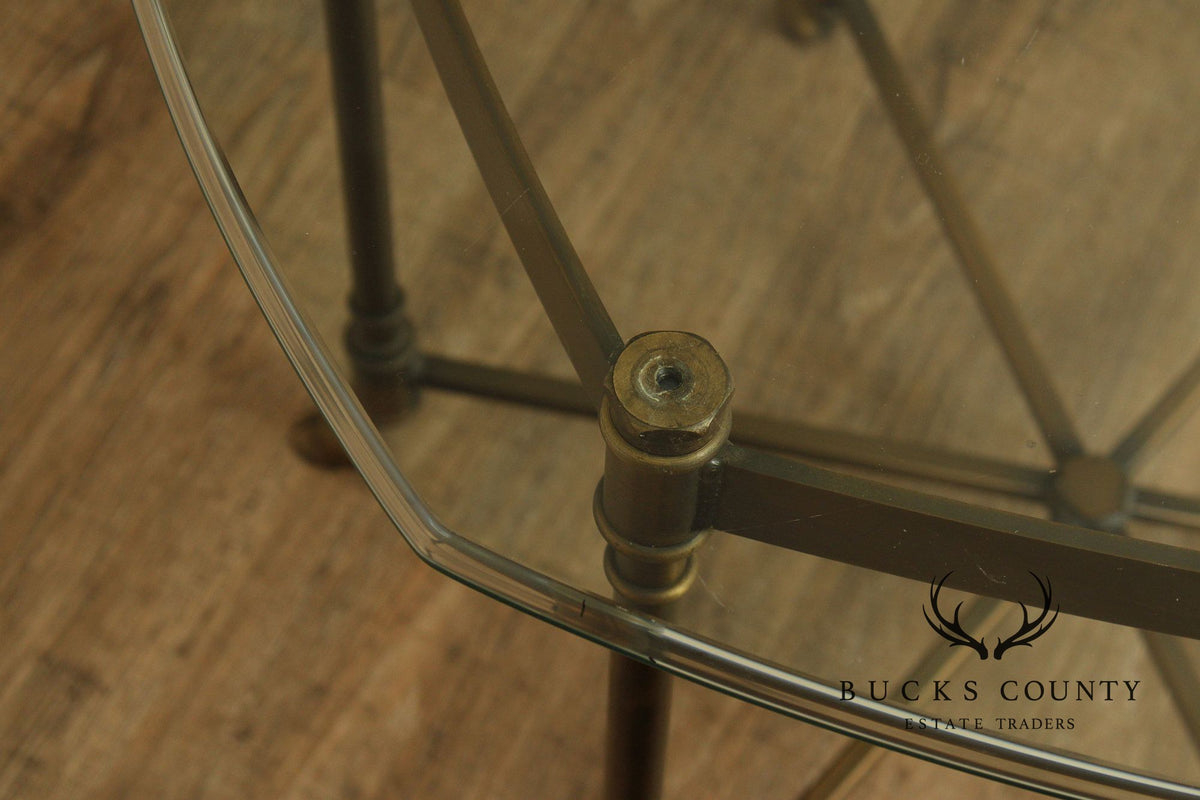 Hollywood Regency Vintage Italian Pair of Glass Top Brass Side Tables