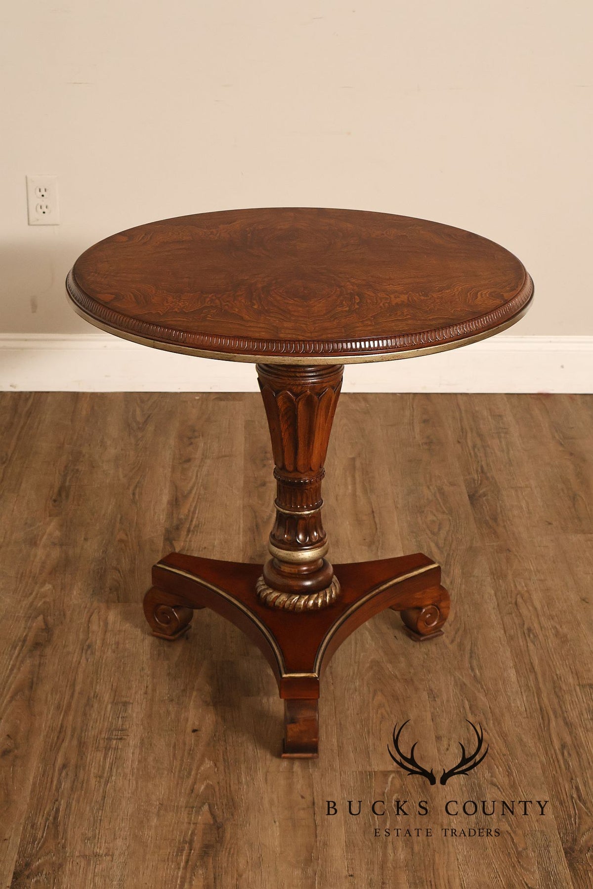 Drexel Heritage Round Burl Wood Veneer Pedestal Accent Table