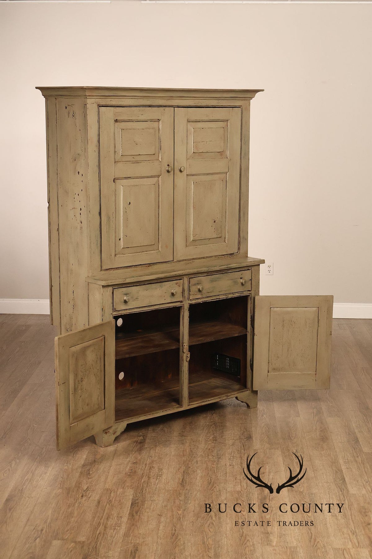 Vintage Distressed Painted Pine Step-Back Cupboard Cabinet