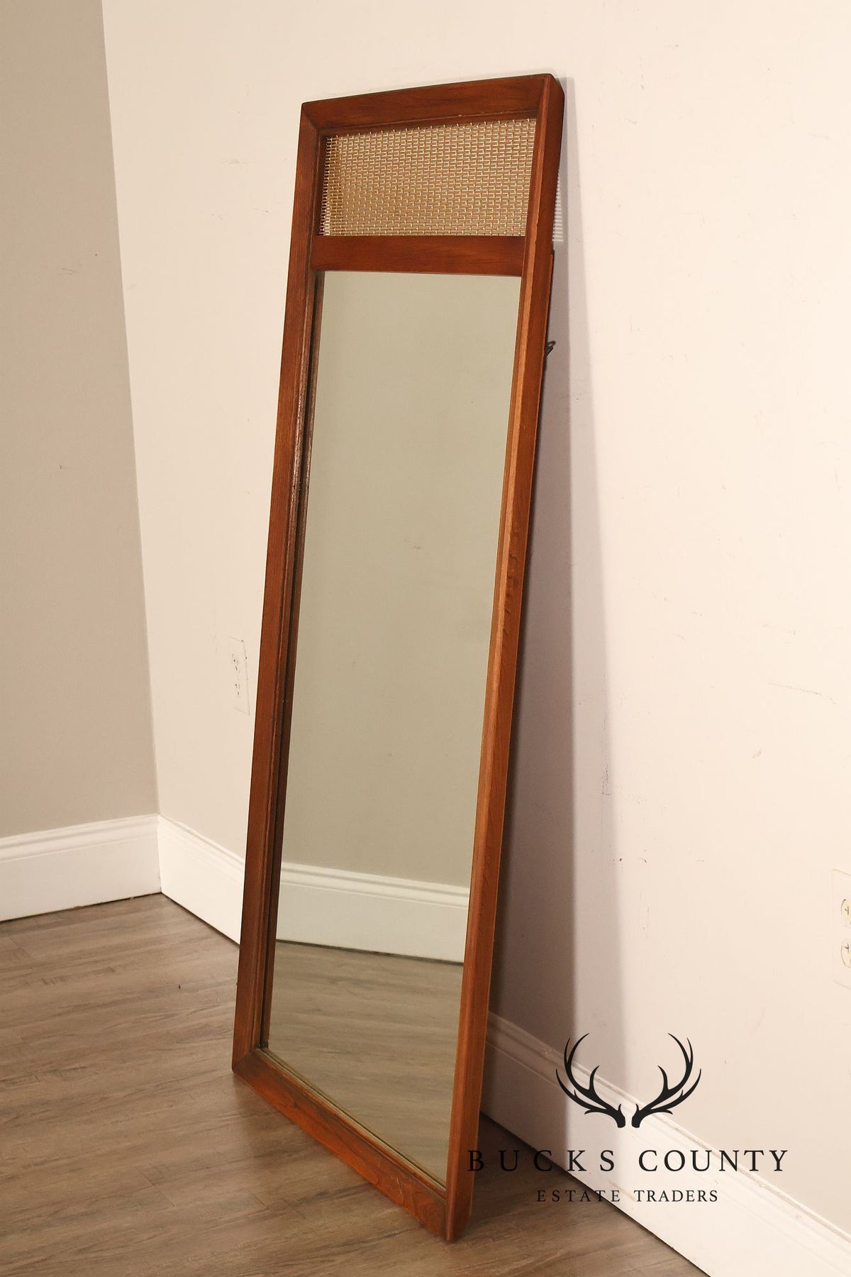 Mid Century Modern Pair of Walnut and Woven Brass Wall Mirrors