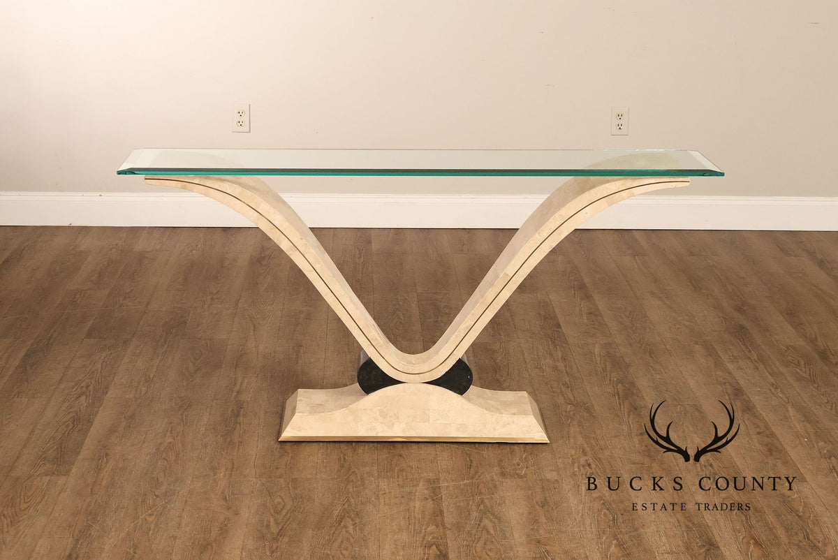 Postmodern Glass Top Travertine Console Table