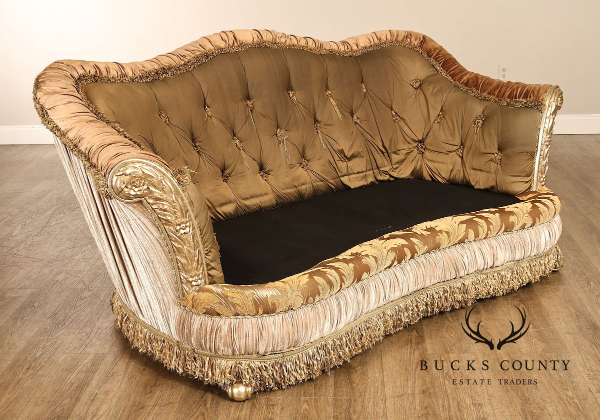 Tufted Rococo Camelback Sofa With Carved Gilt Trim