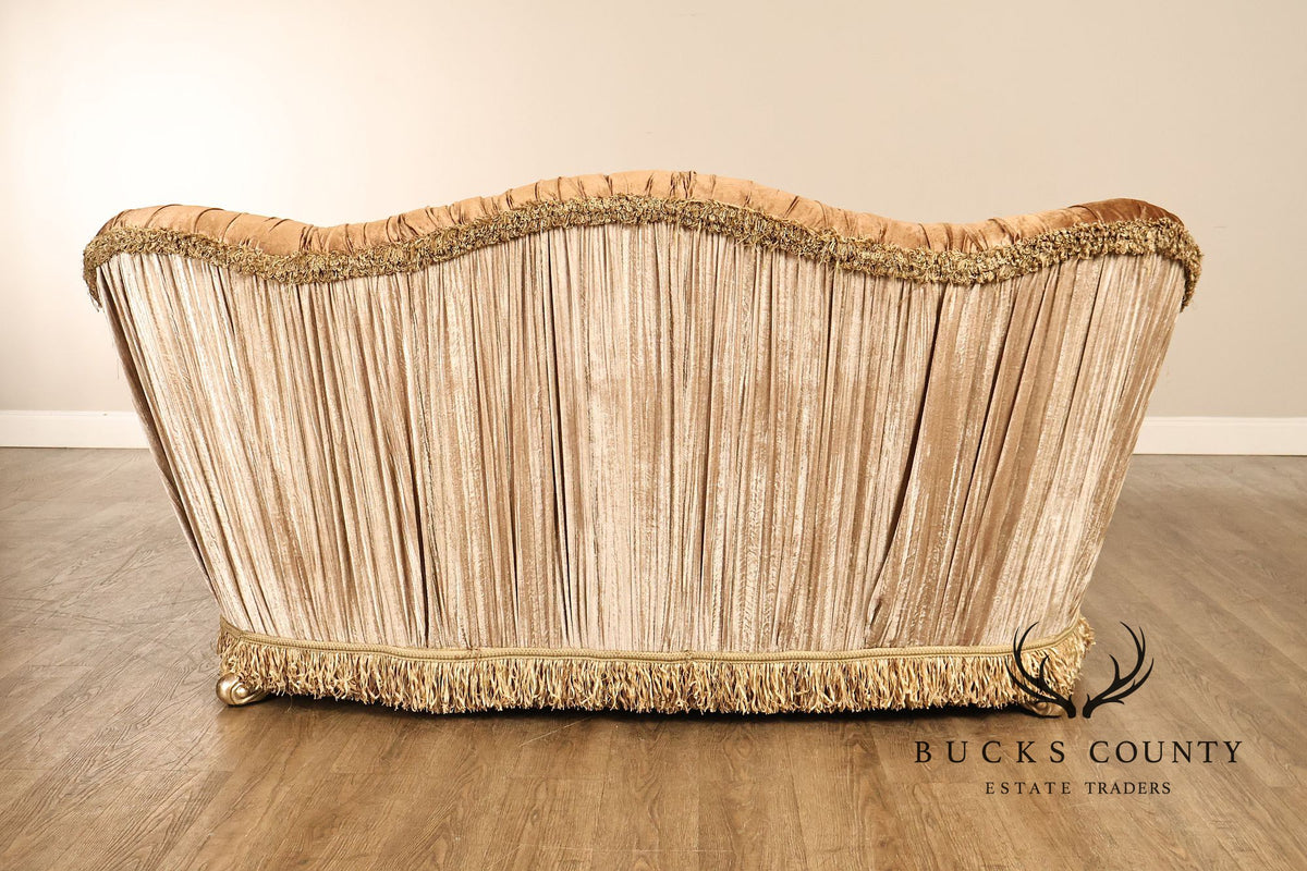 Tufted Rococo Camelback Sofa With Carved Gilt Trim