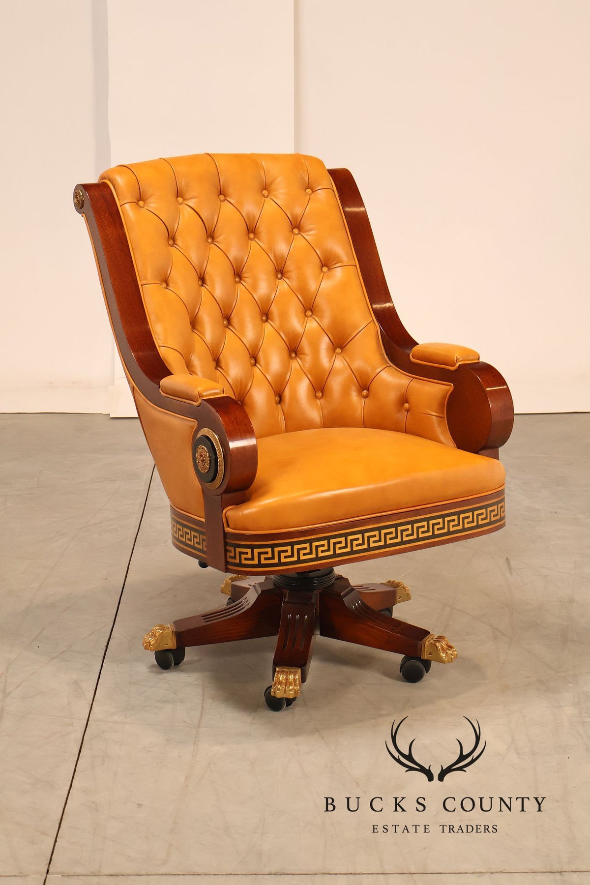 Mariner Leather Swivel Office Chair With Tufted Back And Carved Mahogany Base