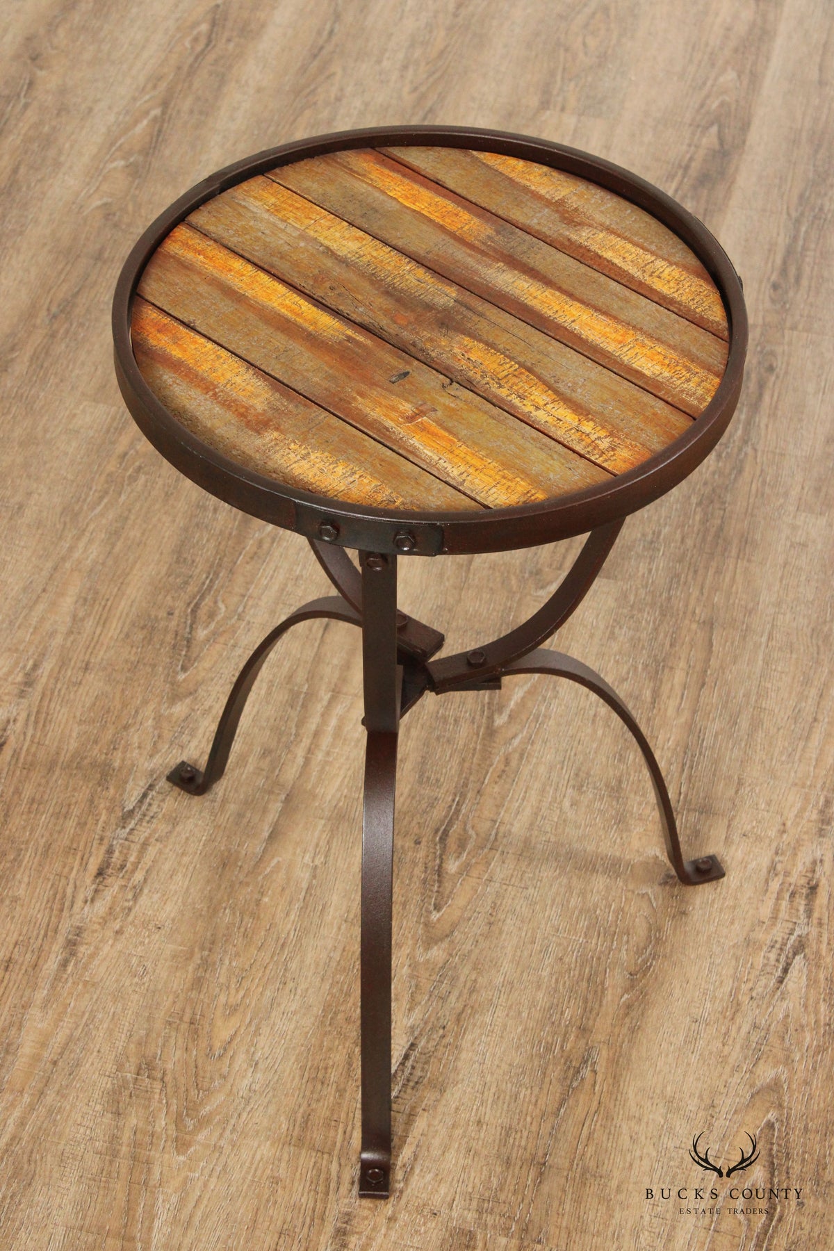 Industrial Style Iron And Round Wood Top Side Table