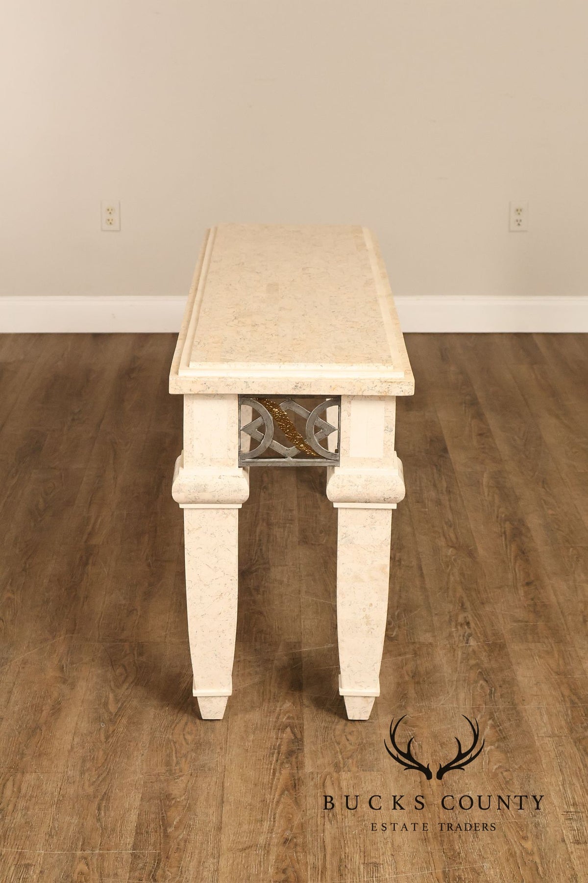 Neoclassical Style Travertine Console Table With Metal Stretcher