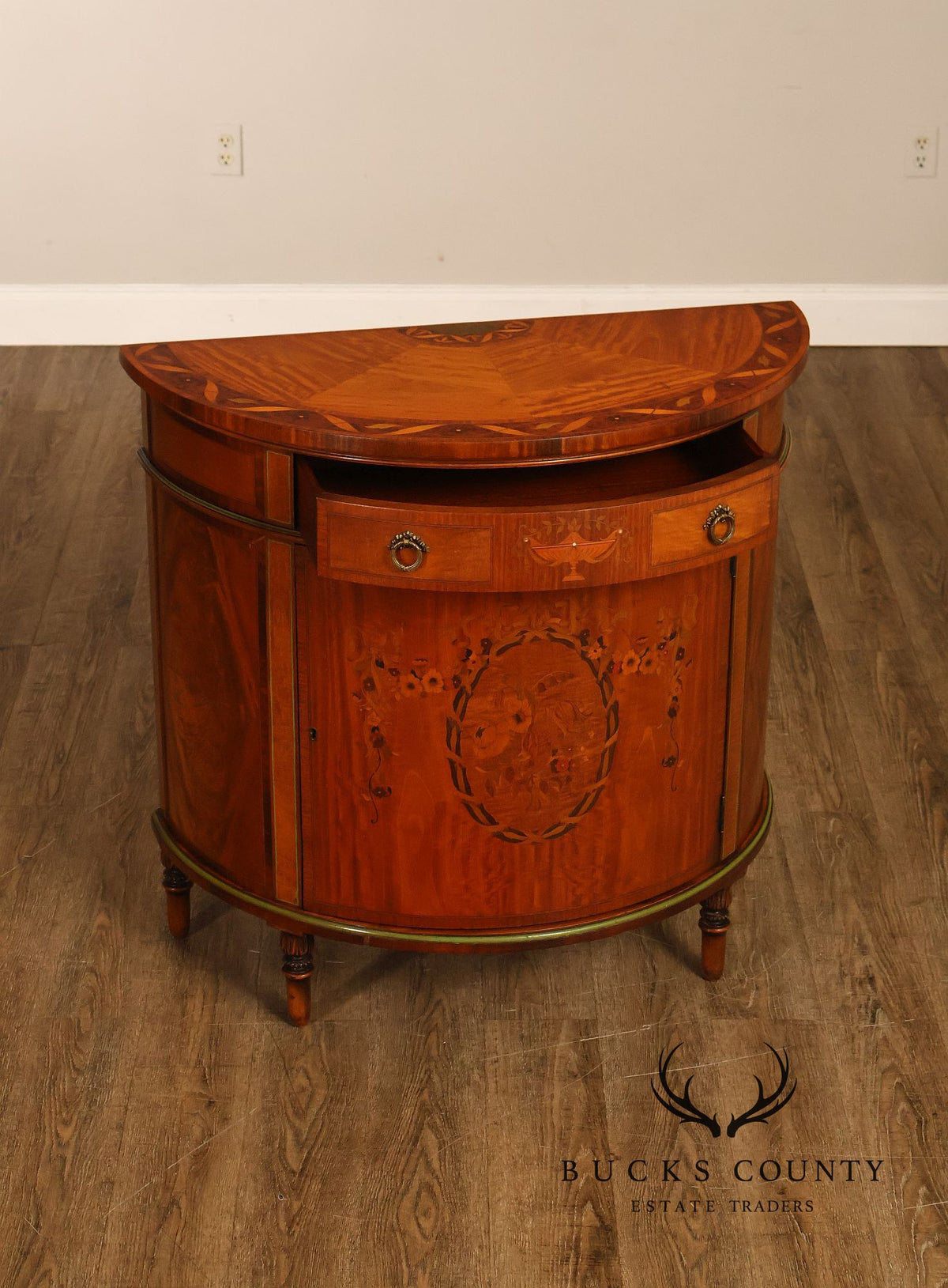 Neoclassical Style Inlaid Demilune Cabinet With Interior Drawers