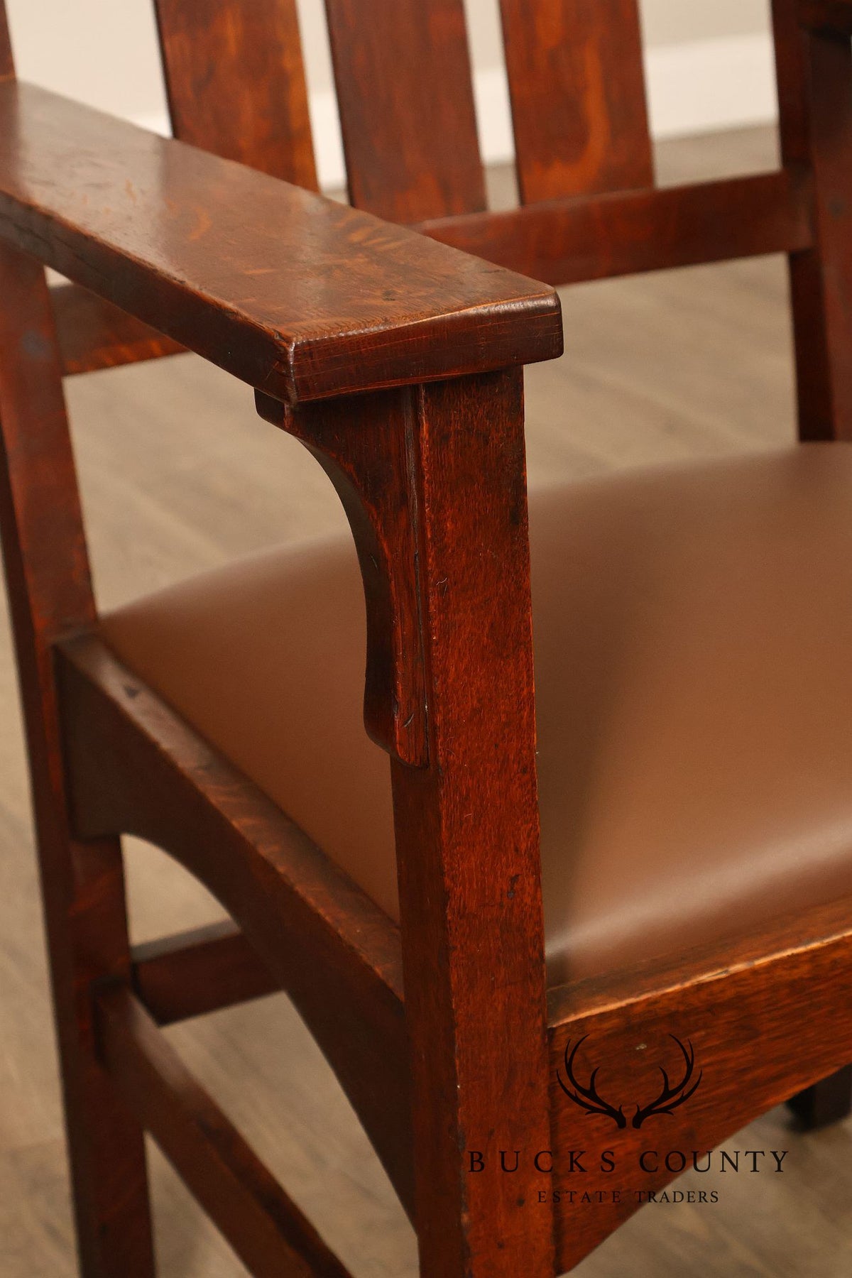 Antique  Gustav Stickley Harvey Ellis Arts And Crafts Mission Oak And Leather Armchair
