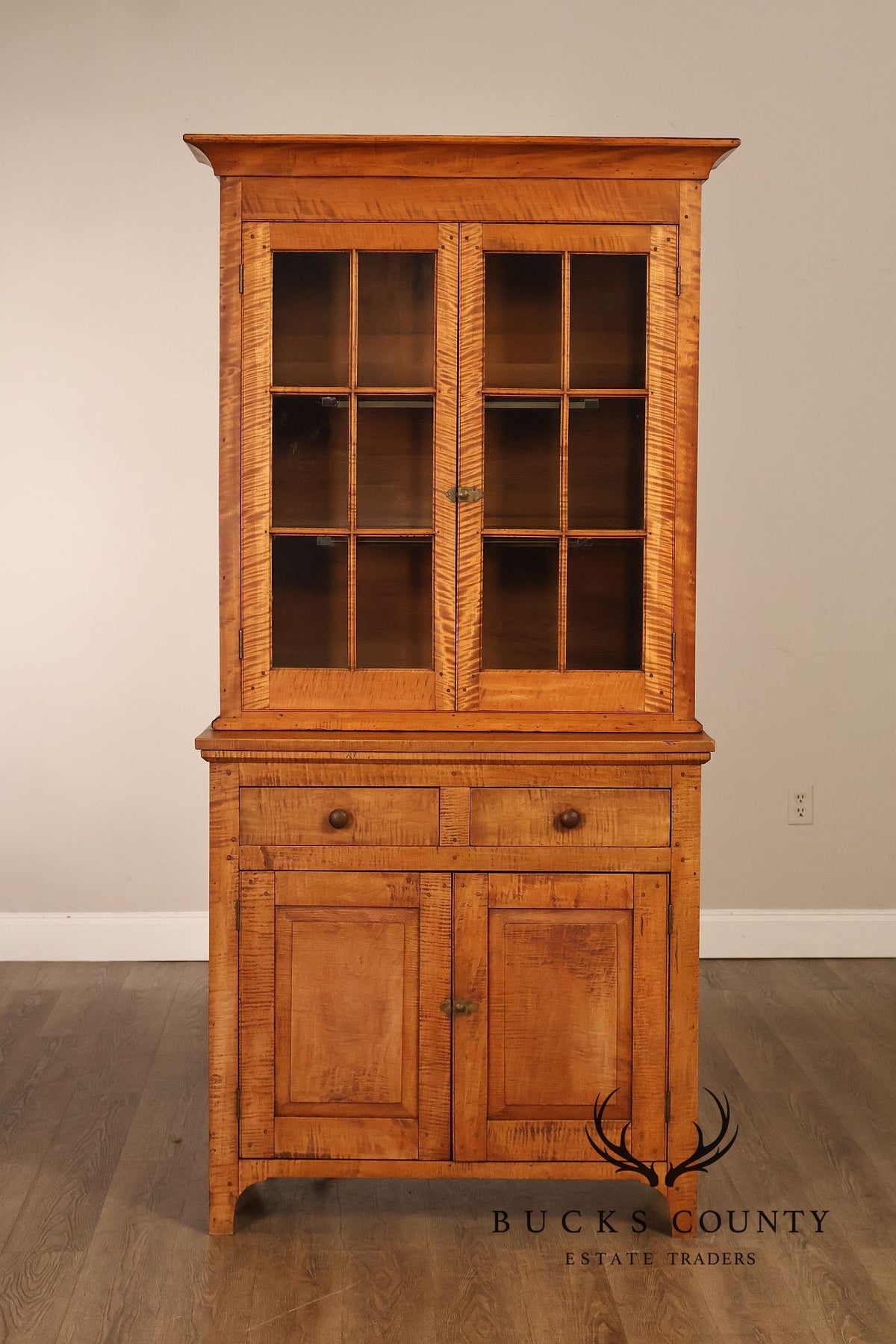Bench Made Tiger Maple And Cherry Two Piece Stepback Hutch Cabinet