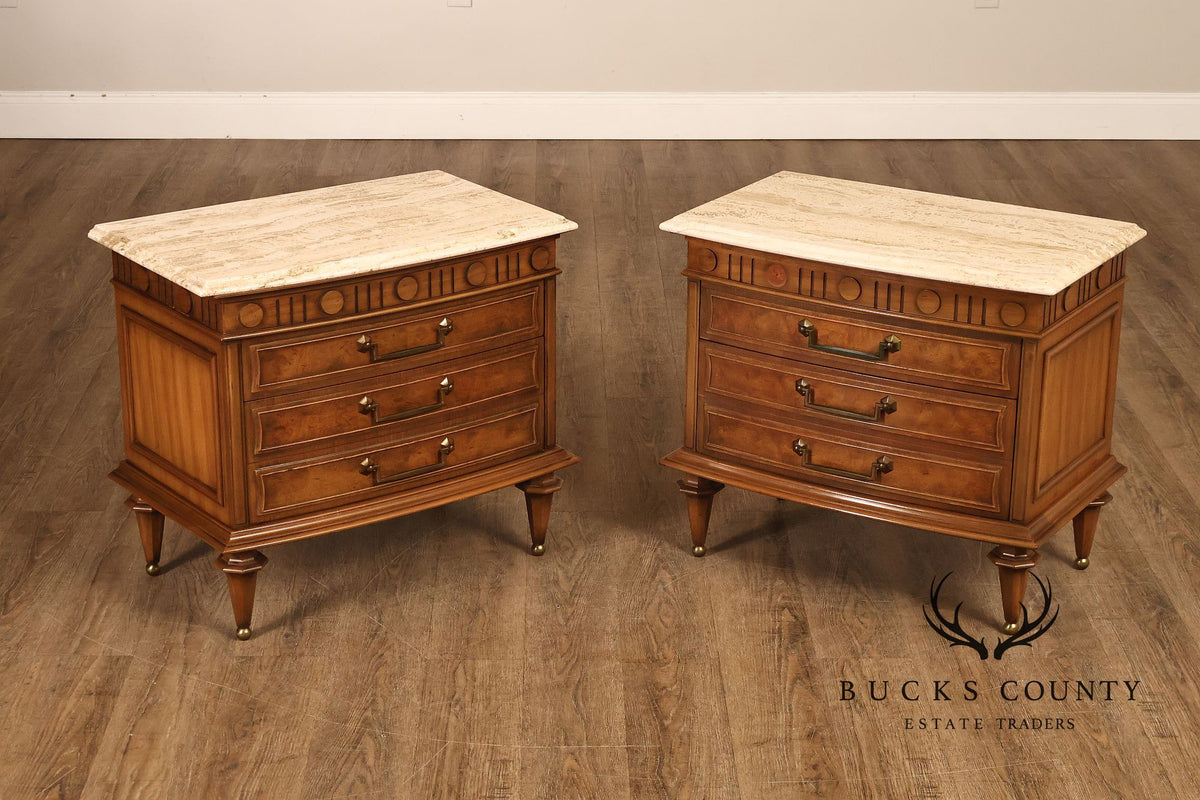 Pair Of Neoclassical Style Travertine Top Three Drawer Nightstands