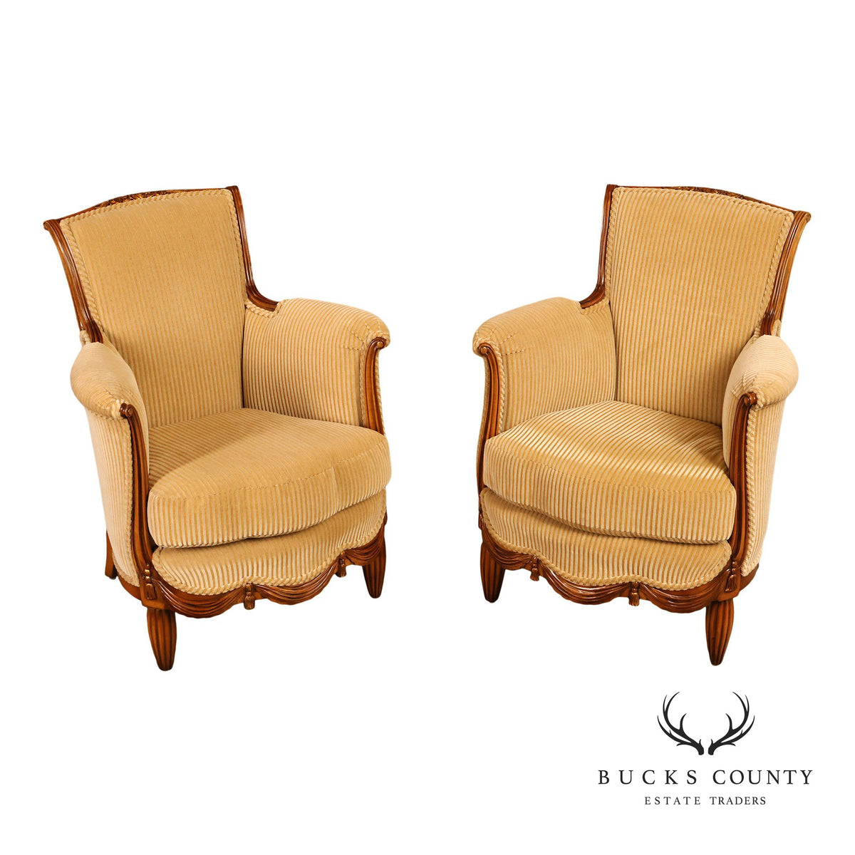 Medea Furniture Pair of  Louis XVI Style Carved Bergere Armchairs With Gold Striped Velvet Upholstery