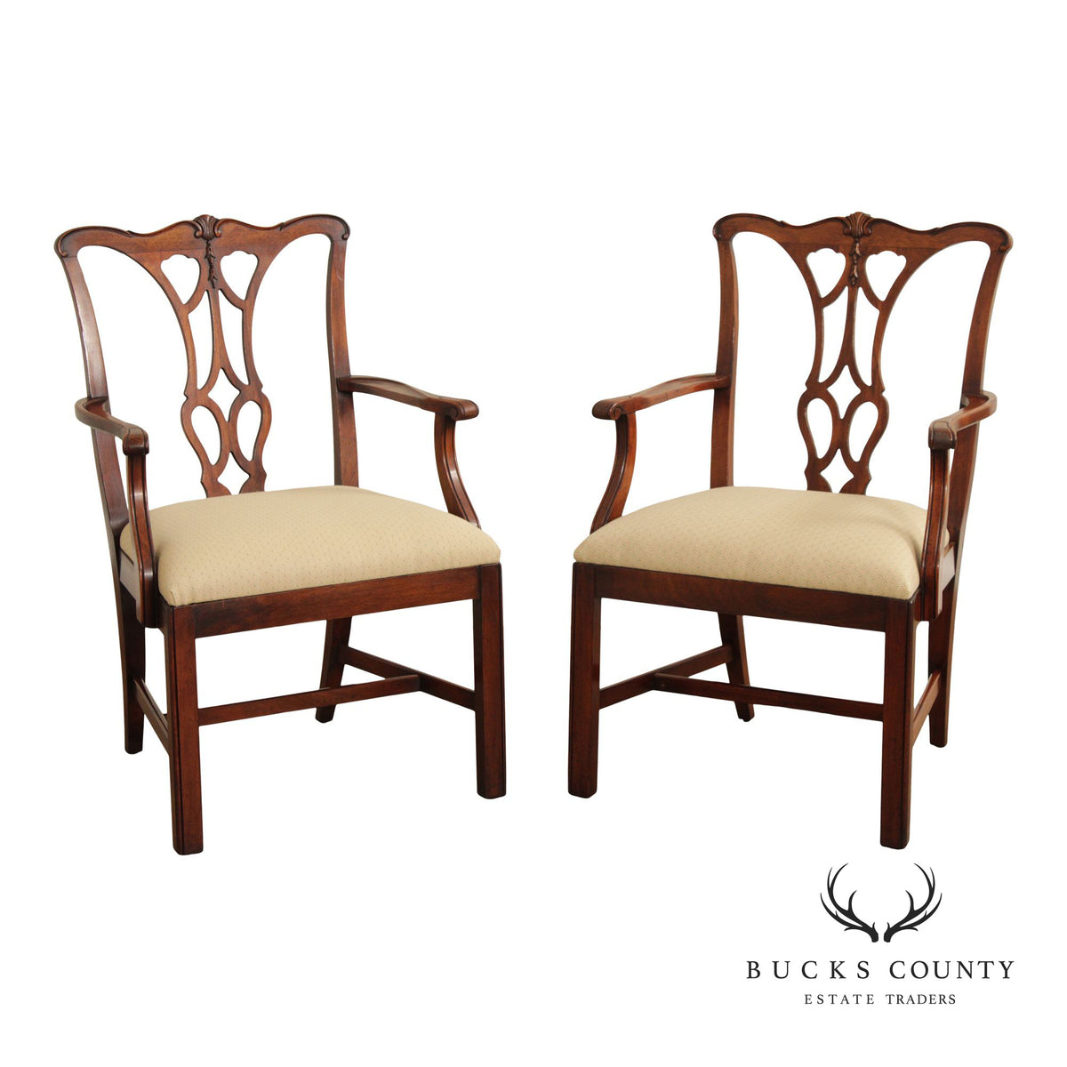 1940's Chippendale Style Pair of Carved Mahogany Armchairs
