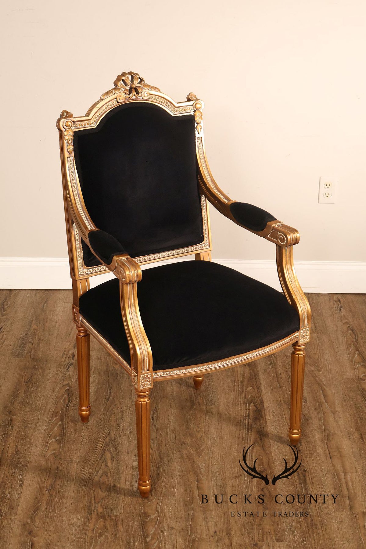 Louis XVI Style Giltwood Armchair With Black Upholstery