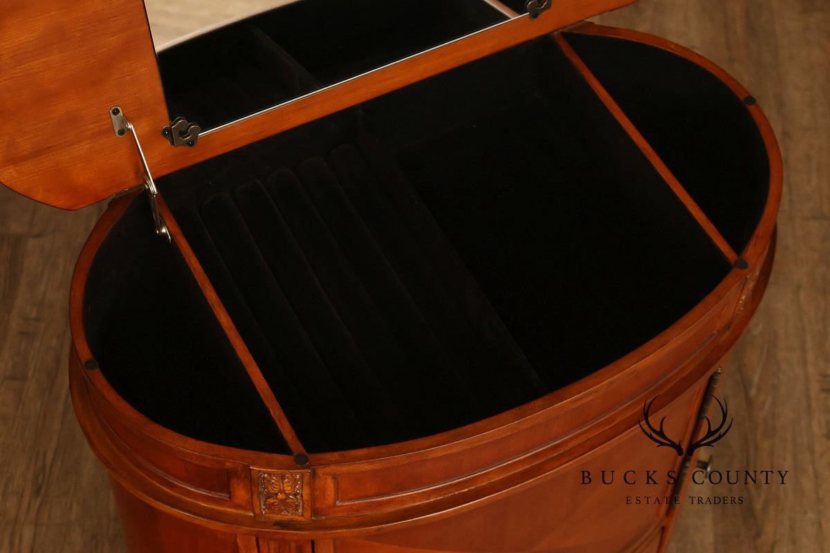 Oval Burl Wood Jewelry Armoire With Lift Top And Side Doors