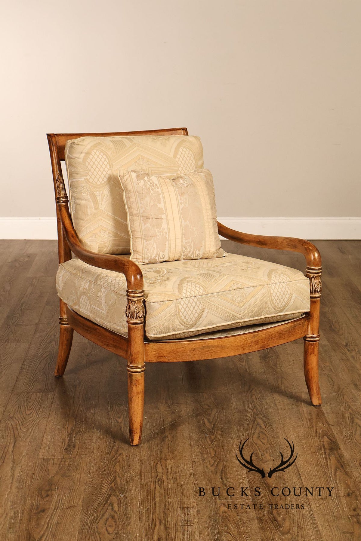 French Empire Style Pair of Carved Mahogany Armchairs