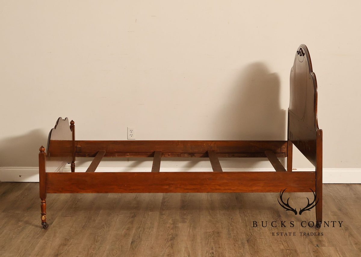Antique Victorian Walnut Full Size Bedframe With Carved Floral Accents And Decorative Inlay