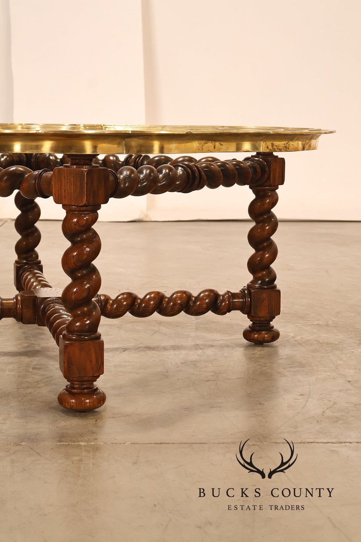 Baker Vintage Oak Barley Twist Scalloped Brass And Glass Top Coffee Table