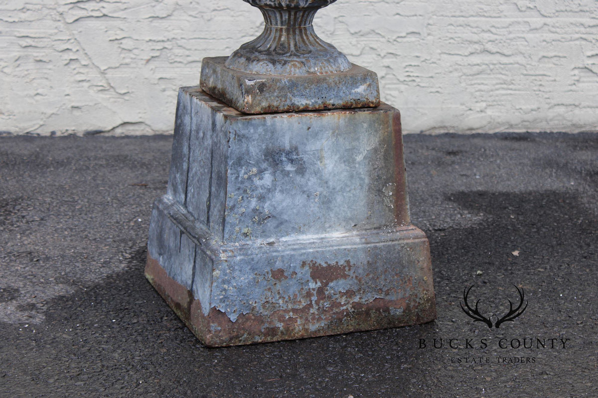 Vintage Cast Iron Neoclassical Garden Urn On Pedestal
