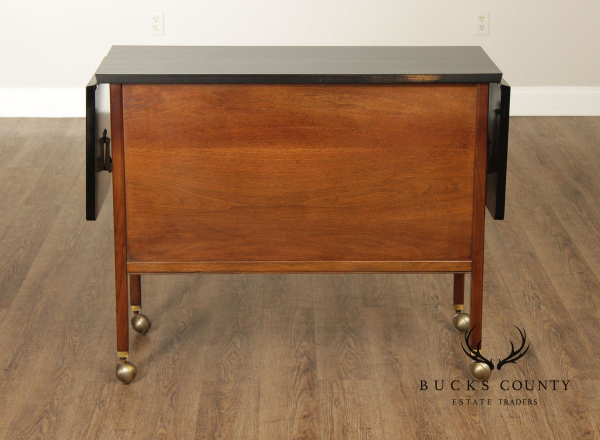 American Of Martinsville Mid Century Walnut And Rosewood Drop Leaf Bar Cart