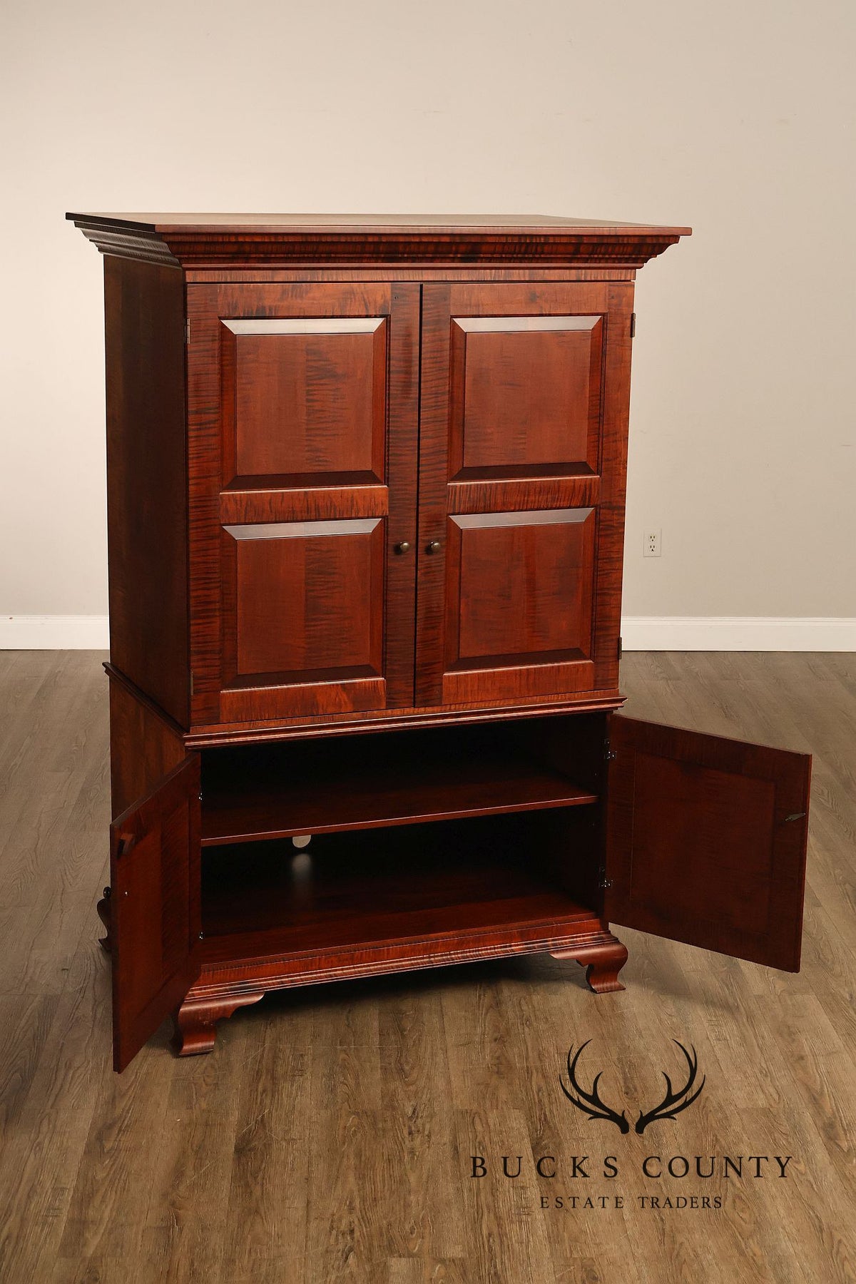 Custom Tiger Maple Two-Piece Four-Door Cabinet Armoire