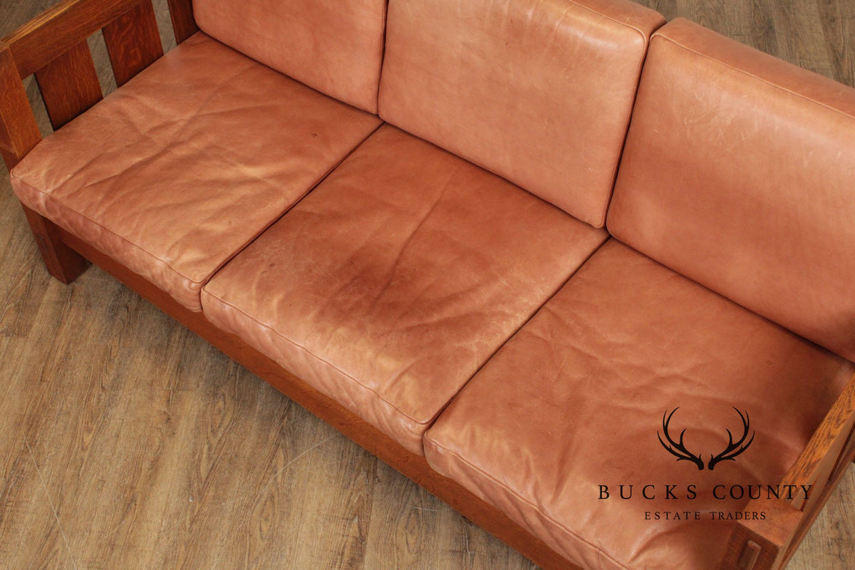Gustav Stickley Antique Mission Oak and Leather Even-Arm Settle Sofa