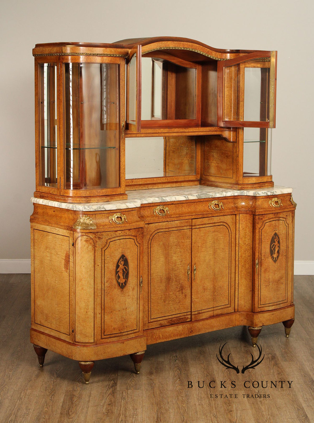 Antique French Louis XVI Style Burl Walnut Marble Top Buffet Hutch