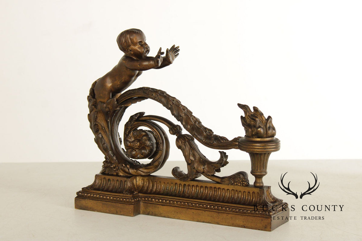 French Louis XV Style Antique Bronze Pair of Cherub Andirons