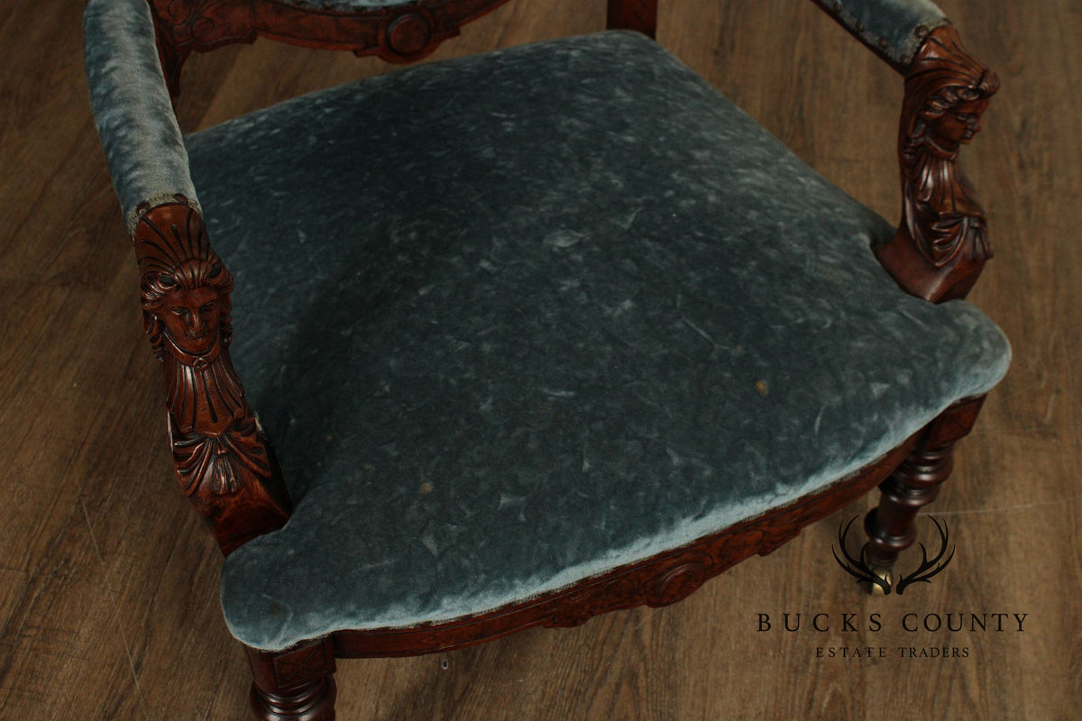 Antique Renaissance Revival Figural Carved Walnut Armchair