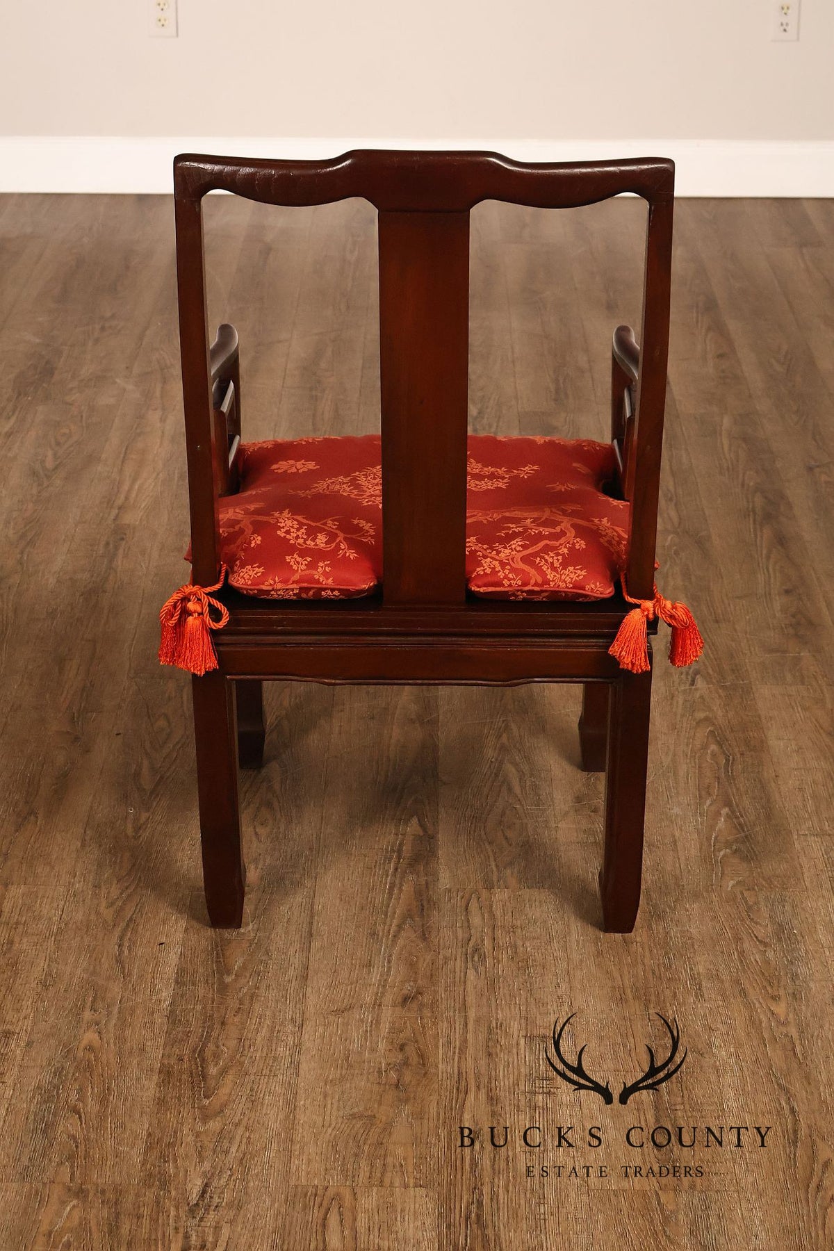Asian Style Set Of Ten Rosewood Dining Chairs With Red Silk Cushions