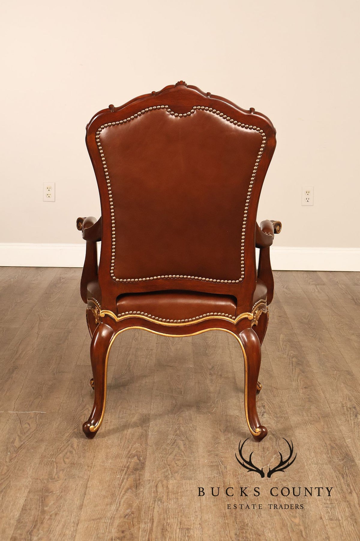 Scarborough House Pair Of French Rococo Style Gilt Mahogany Leather Upholstered Armchairs