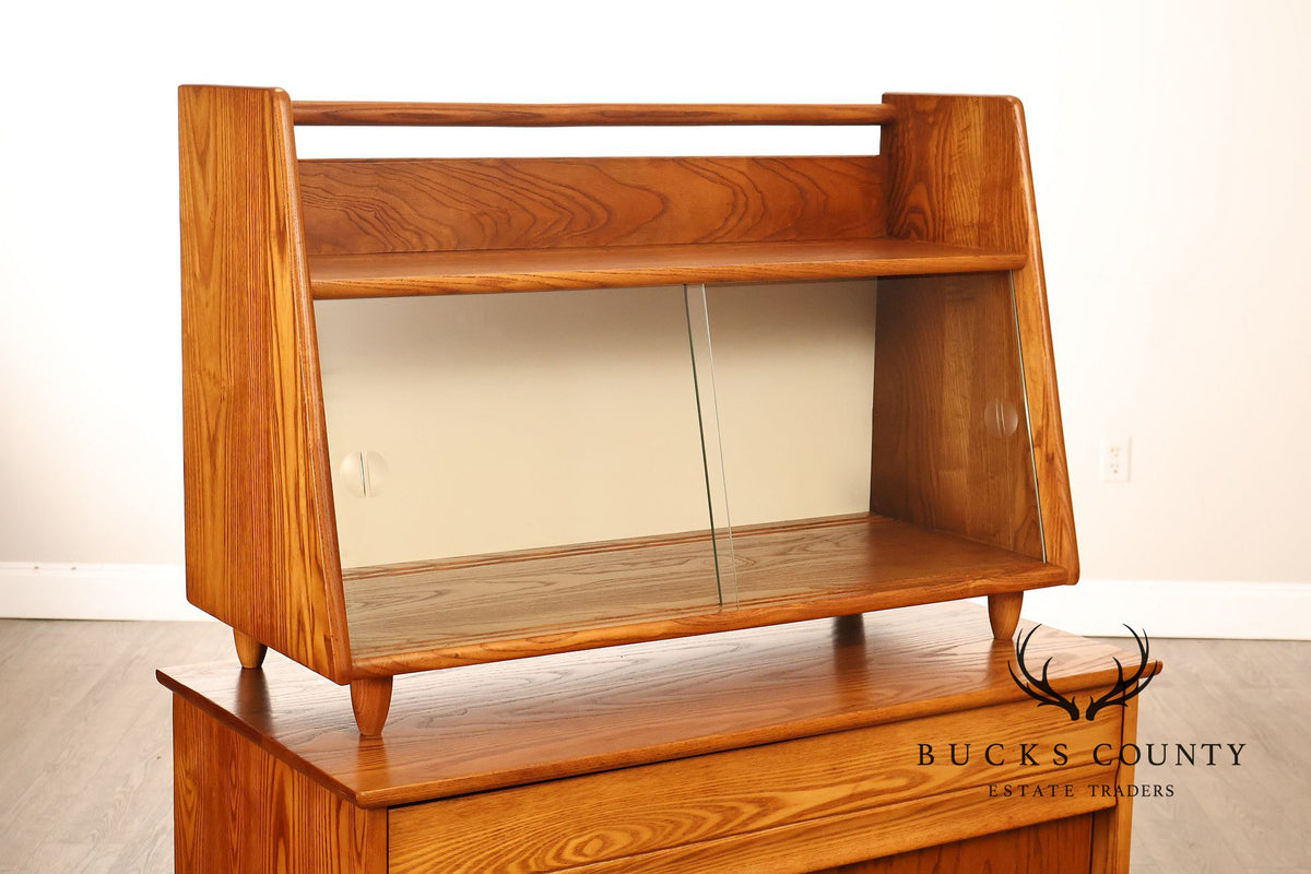 Mid Century Modern Two-Piece Oak and Glass China Cabinet