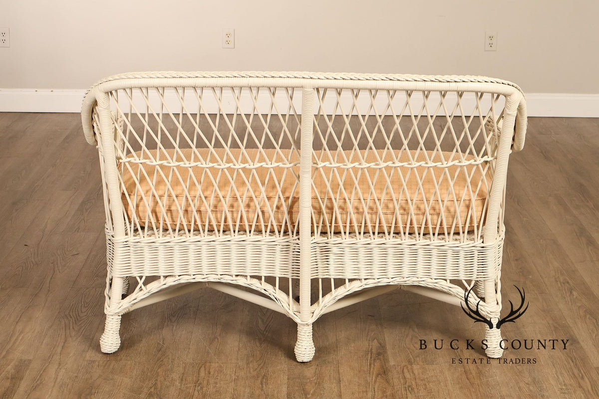 Vintage White Wicker Loveseat With Upholstered Seat Cushion
