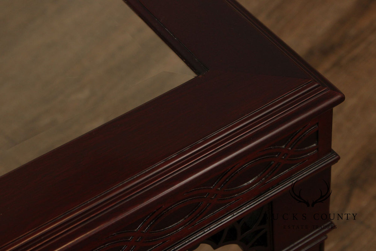 Kindel Chinese Chippendale Style Glass Top Mahogany Coffee Table