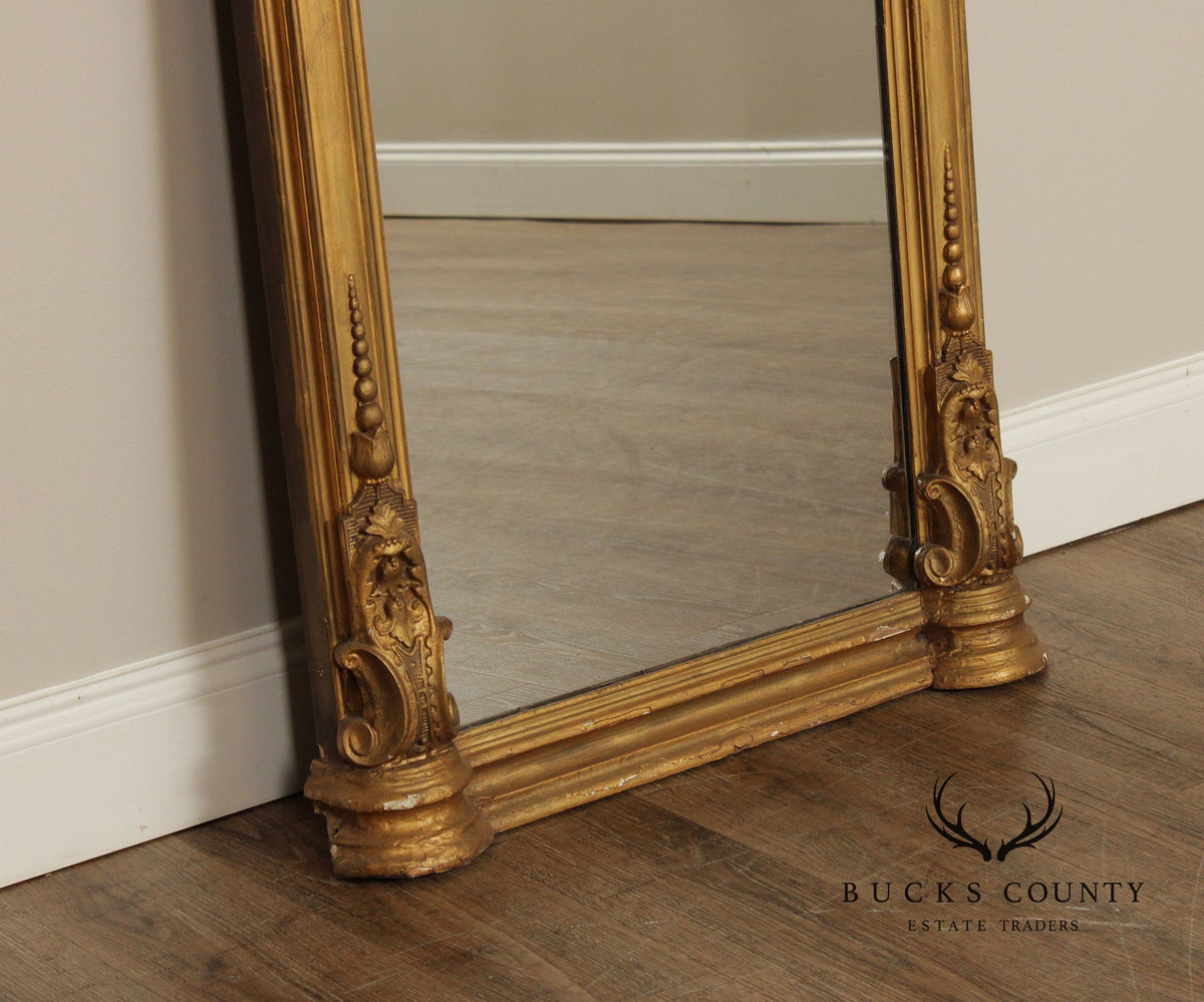 Antique Victorian Giltwood Arched Floor Mirror With Ornate Carved Crest