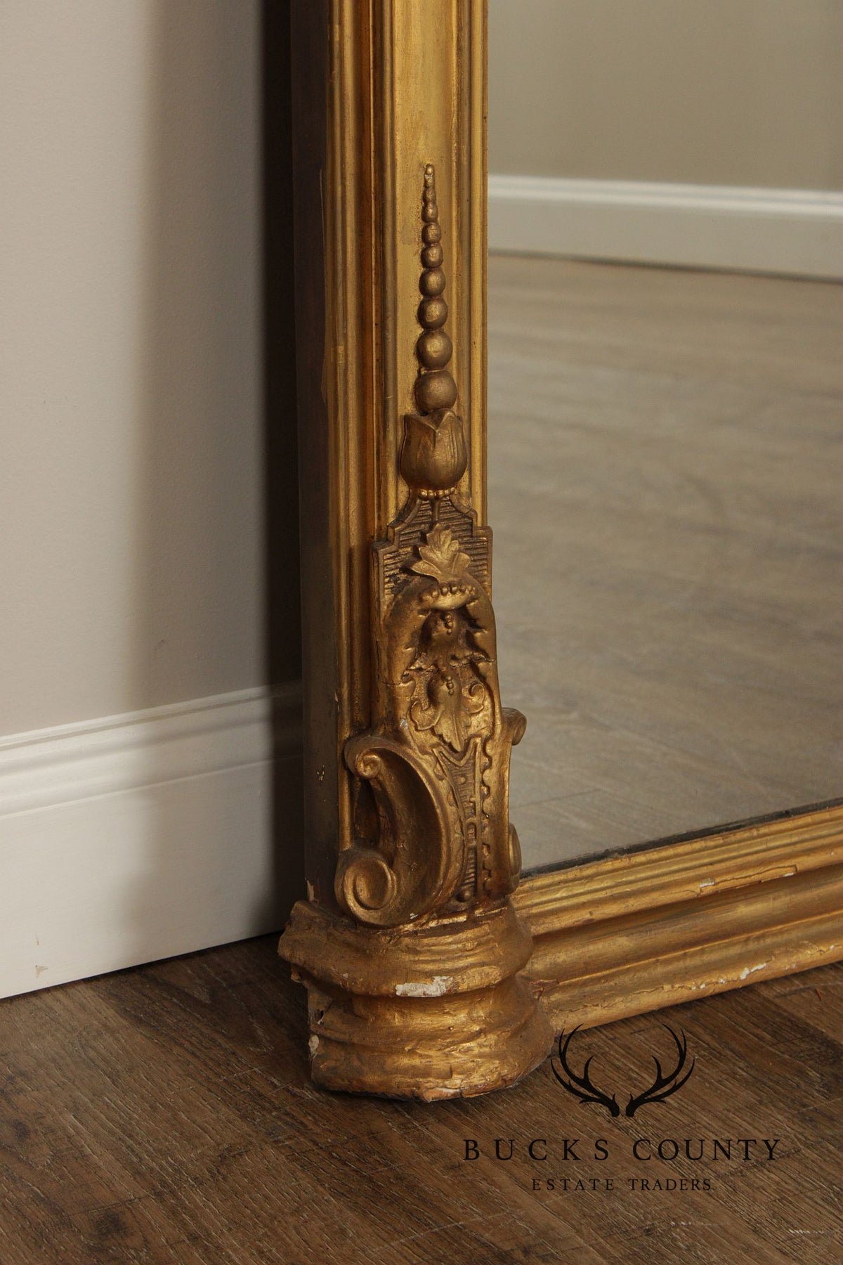 Antique Victorian Giltwood Arched Floor Mirror With Ornate Carved Crest